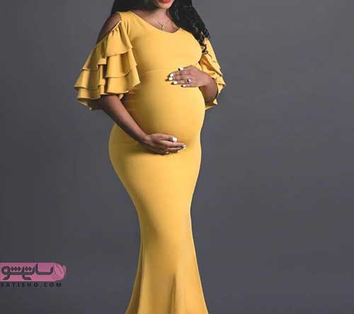 عکس لباس بارداری مجلسی بلند کرپ زرد رنگ