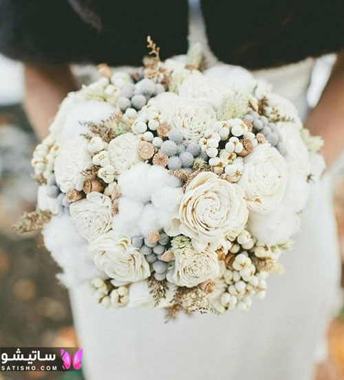 دسته گل عروس مدل گرد با رز های سفید