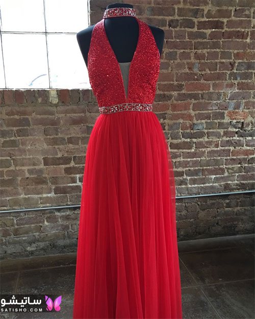 مدل لباس مجلسی قرمز رنگ بلند با یقه جدید