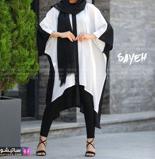 مانتو ایرانی دخترانه رنگ سفید مشکی