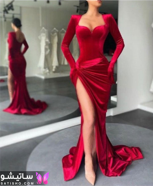 لباس مجلسی مخمل قرمز بلند